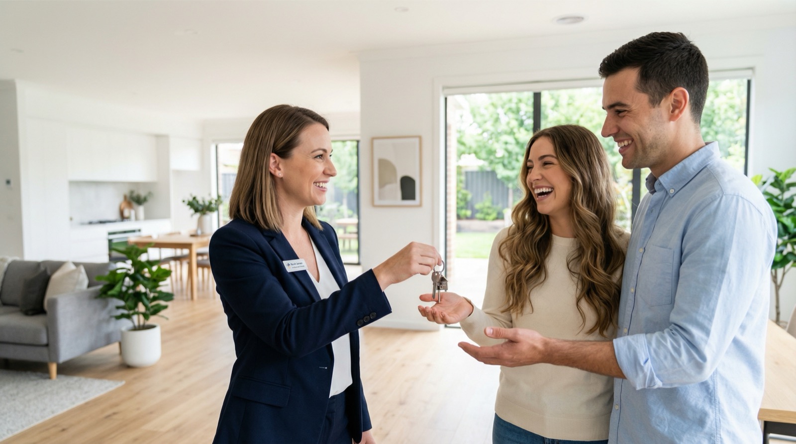A Renanza agent handing the keys to a delighted new-homeowner couple